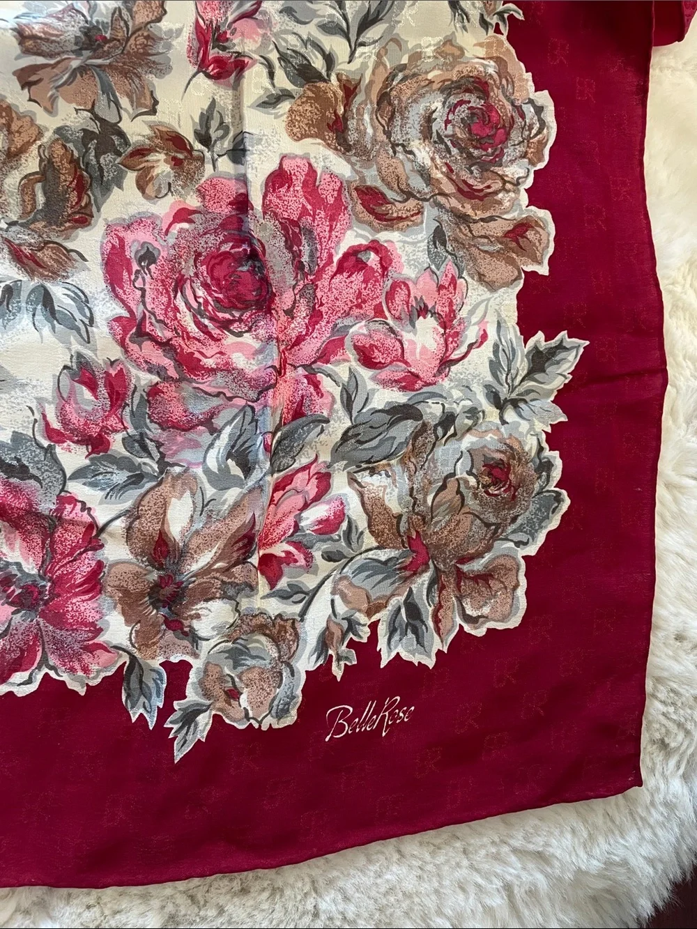 Bellerose Cream Square Scarf with Deep Red Floral Border